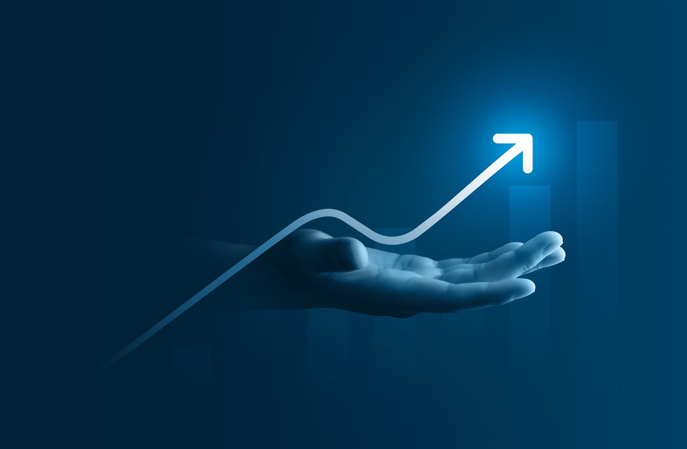 Upward growth arrow rising from an open hand, over a rising bar chart